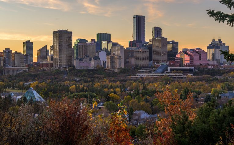 Mesmerizing view of a beautiful Edmonton Skyline at colorful sunset, Alberta, Canada